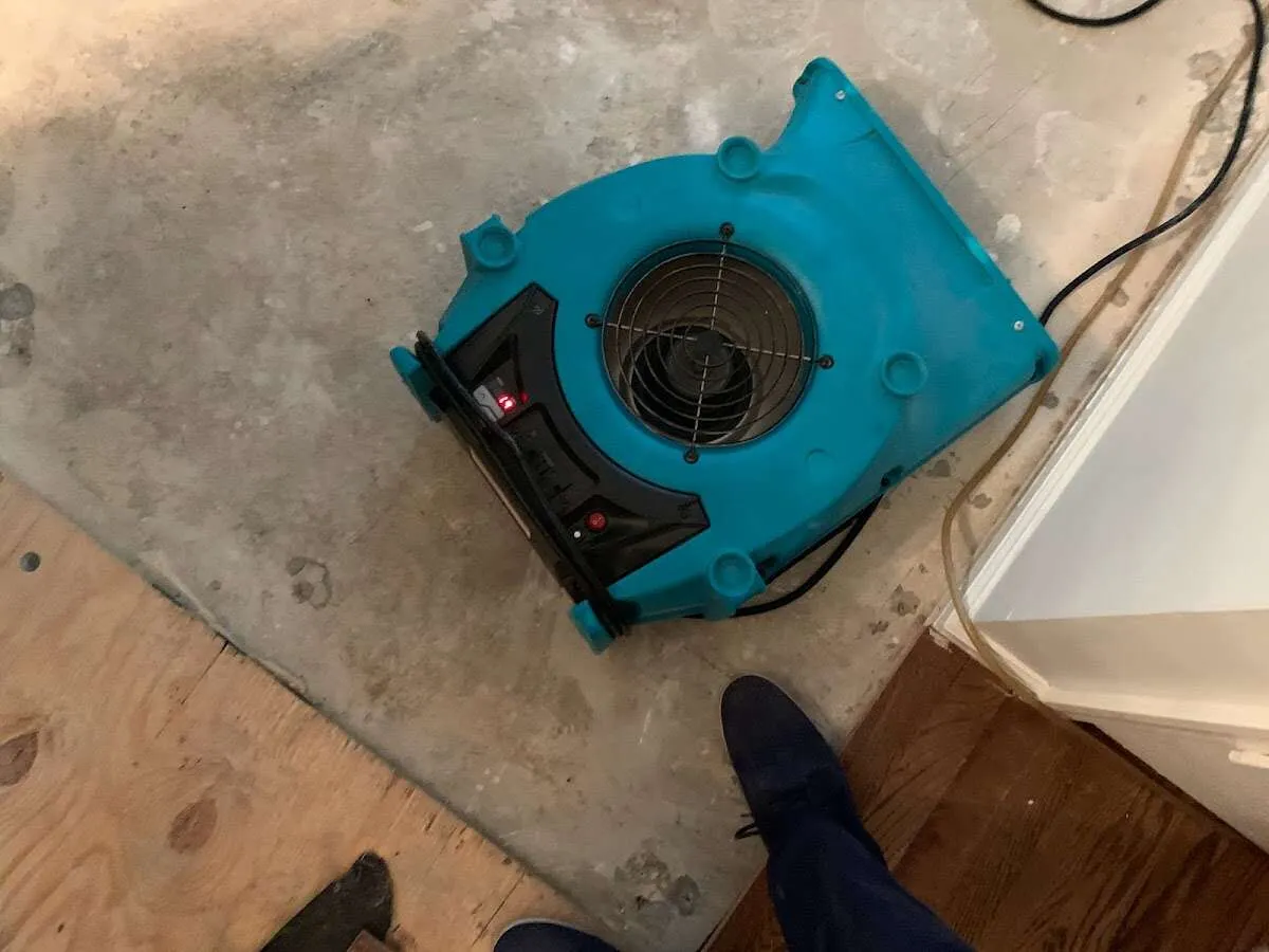 Air mover drying subfloor during Leak Detection & Repair in Hollis